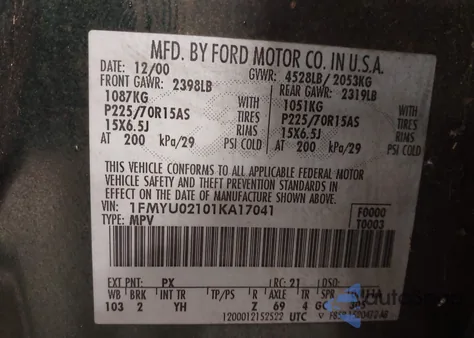 2001 Ford Escape Xls из США, поврежденный, VIN 1FMYU02101KA17041